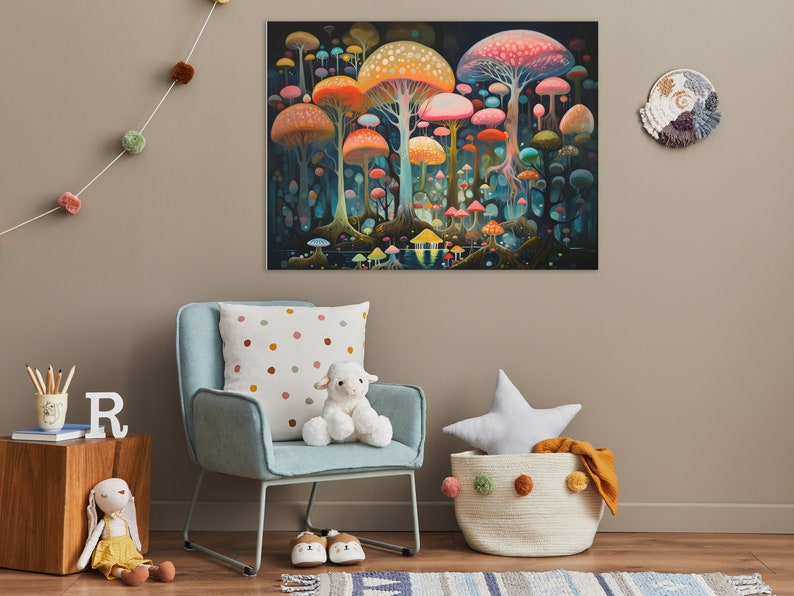 Enchanted Mushroom Forest Canvas Print | Cheerful Surrealist Art ...