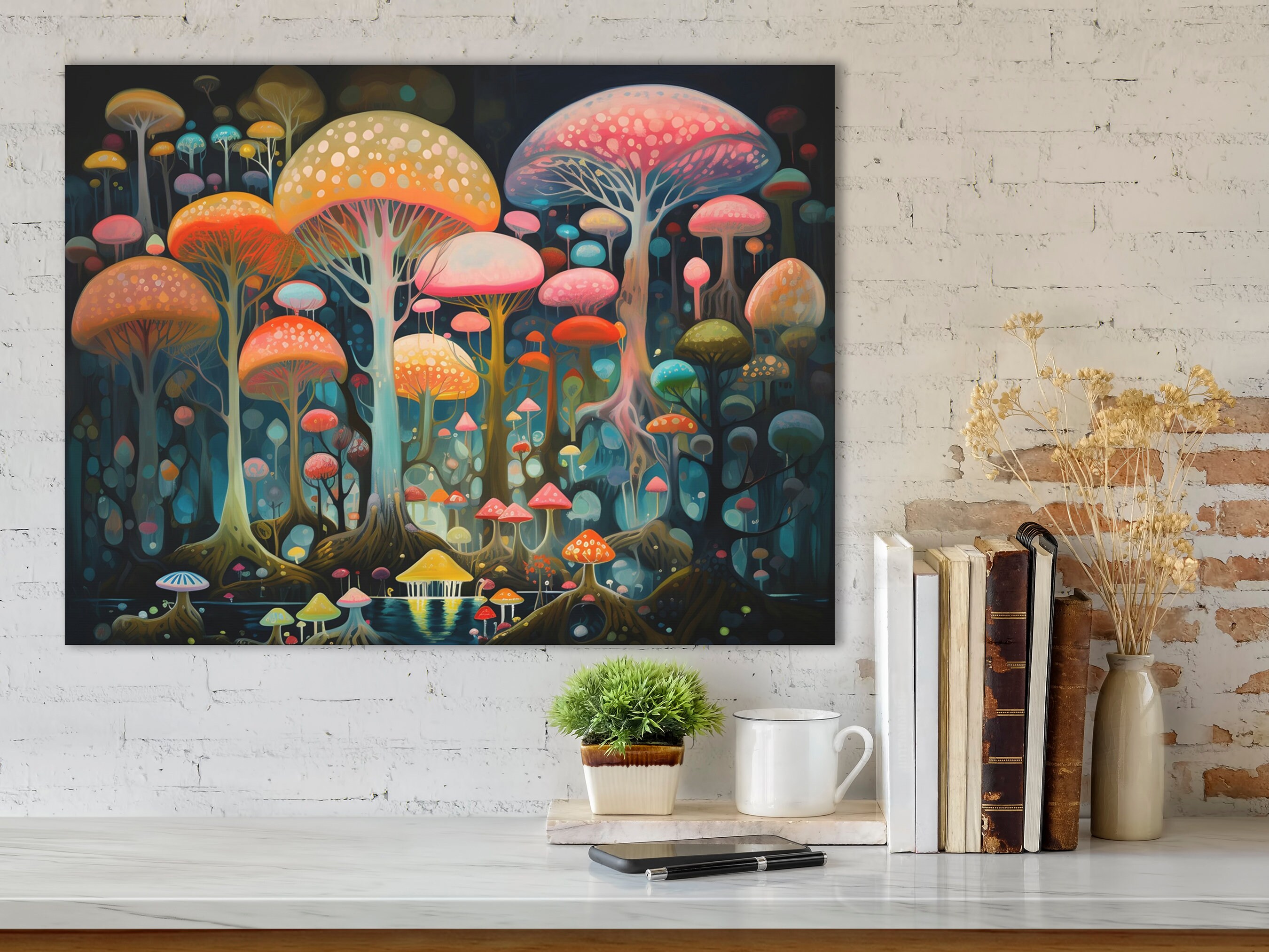 Enchanted Mushroom Forest Canvas Print | Cheerful Surrealist Art ...