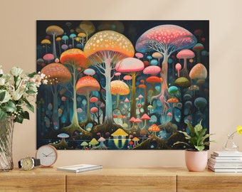 Enchanted Mushroom Forest Canvas Print | Cheerful Surrealist Art | Whimsical Wall Decor | Magic Mushrooms