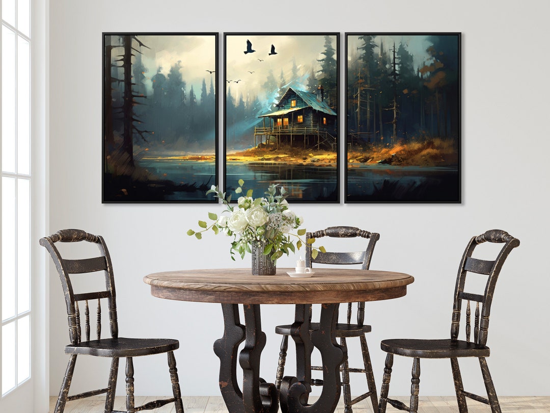 Cabin on the River Canvas Print| 3 Panel Wall Art | | Forest Landscape ...