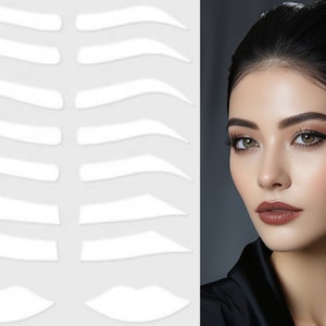 May include: A sheet of white eyebrow stencils with various shapes and sizes. The stencils are designed to help create perfect eyebrow shapes.
