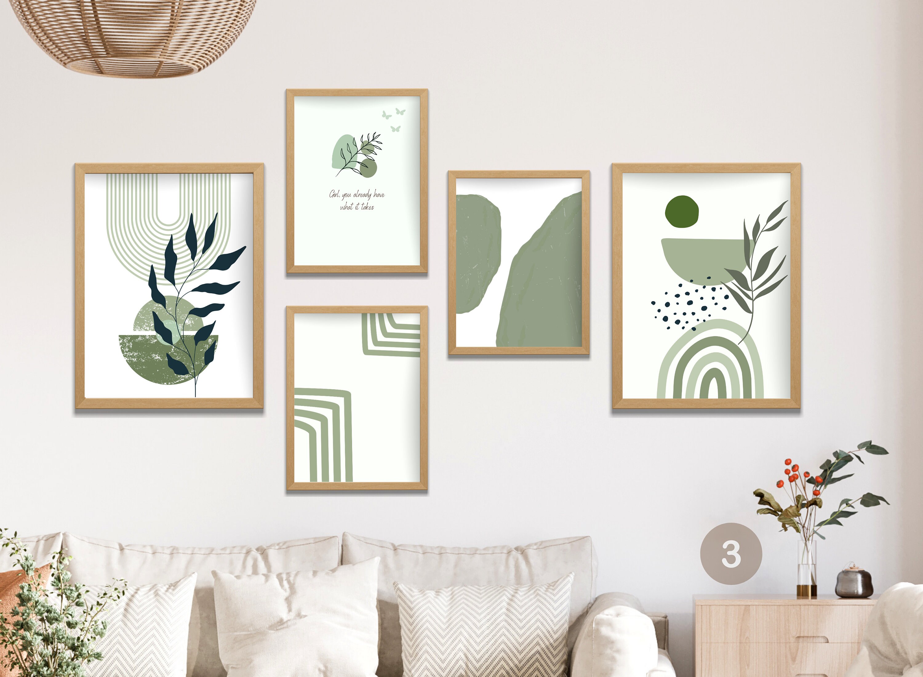 Set of 5 Boho Wall Art Minimalistic Green Botanical Wall Prints ...