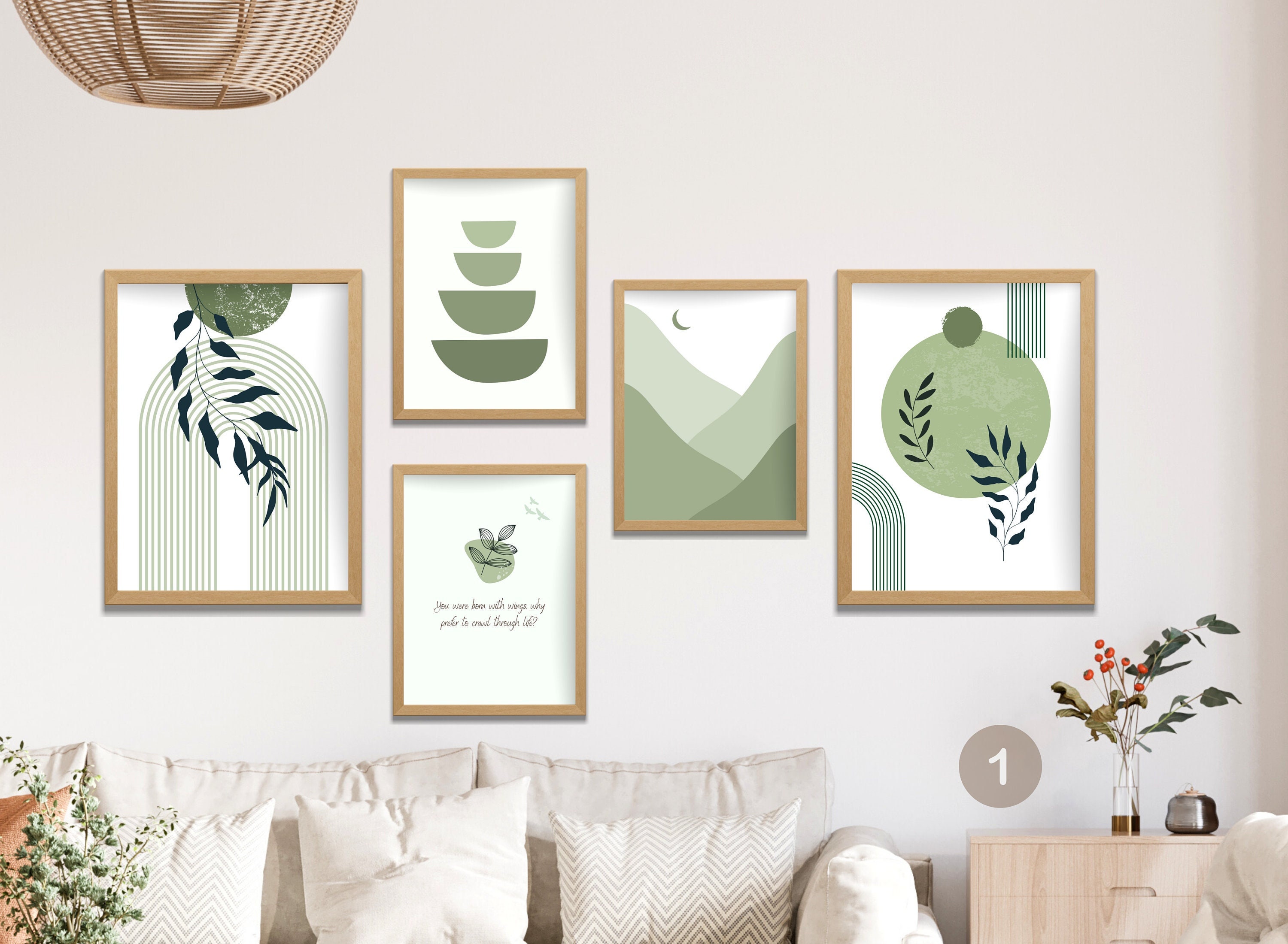Set of 5 Boho Wall Art Minimalistic Green Botanical Wall Prints ...