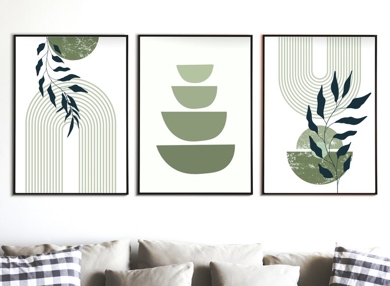Set of 3 Boho Wall Art Minimalistic Green Botanical Wall Prints ...