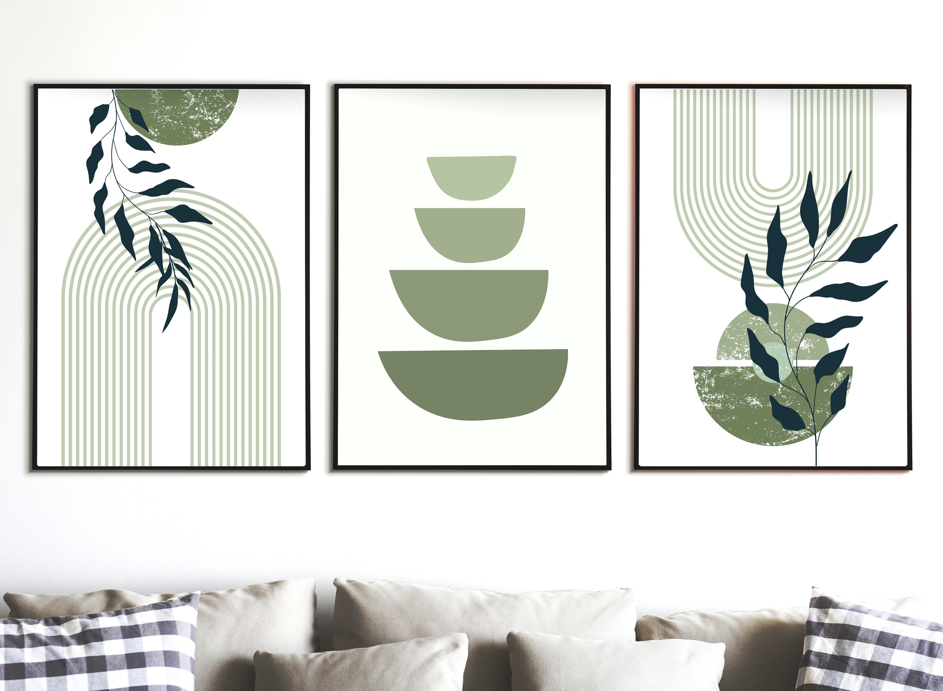 SET of 3 Minimalistic Green Boho Wall Art Botanical Wall Prints