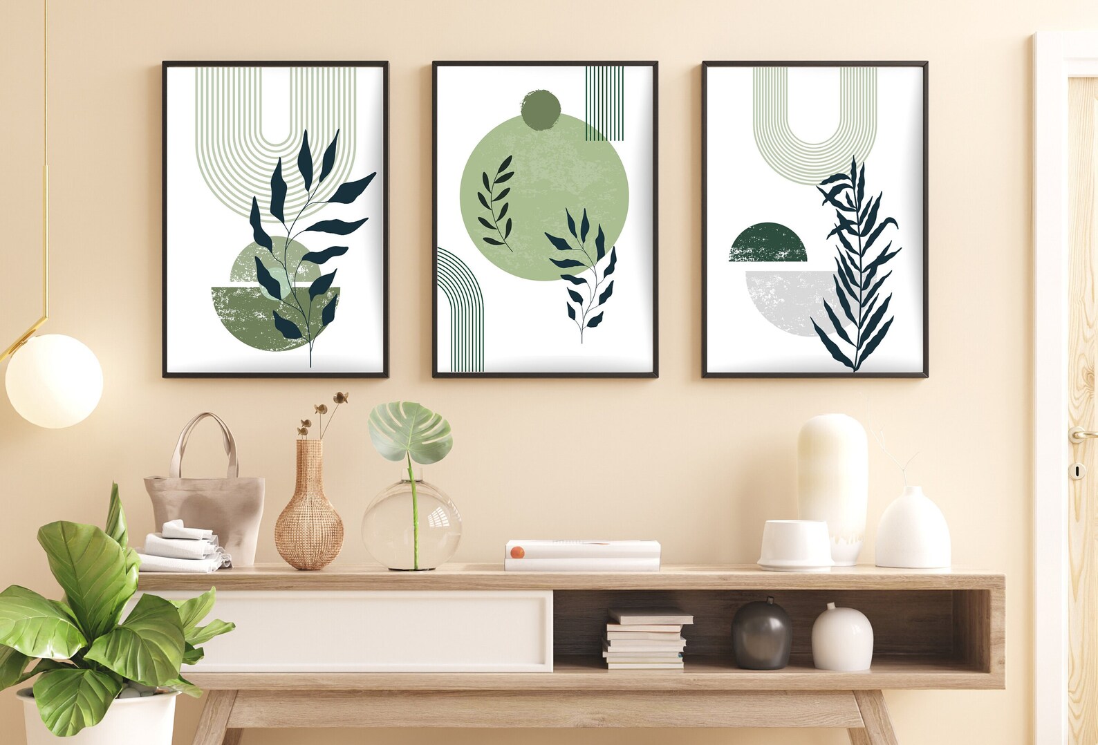 Minimalistic Green Boho Wall Art Botanical Wall Prints Abstract Wall ...