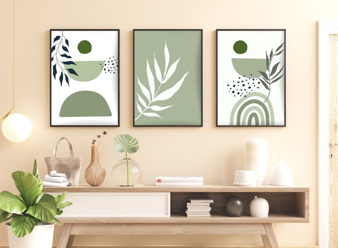 Set of 3 Boho Wall Art Minimalistic Green Botanical Wall Prints ...