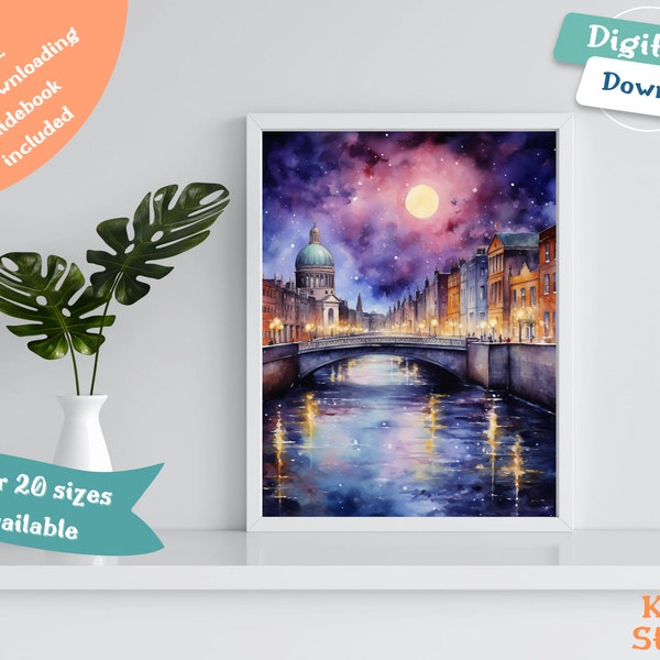Dublin’s River Liffey at Night watercolour painting, instant digital download print, Irish city skyline art, travel gift, Irish home decor