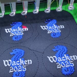Handgemacht, Wacken, Patch, Heavy Metal, Stickerei-Patch, Festival, Logo, Metal Festival, Aufnäher, Seepferdchen  2023  2024 und 2025