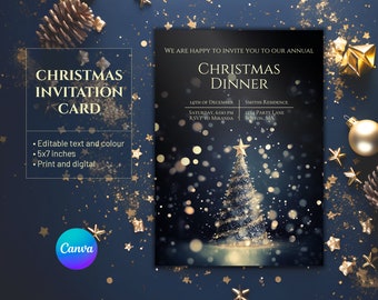 Editable Christmas Dinner Invitation, Dark theme party invitation, Festive elegant invitation card, Christmas invitation card, Editable card