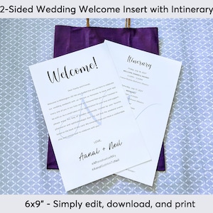 Inserção de bolsa de boas-vindas para casamento Carta com itinerário, cartão minimalista de 6x9", modelo de edição personalizado com Canva, download instantâneo Indian Hindu