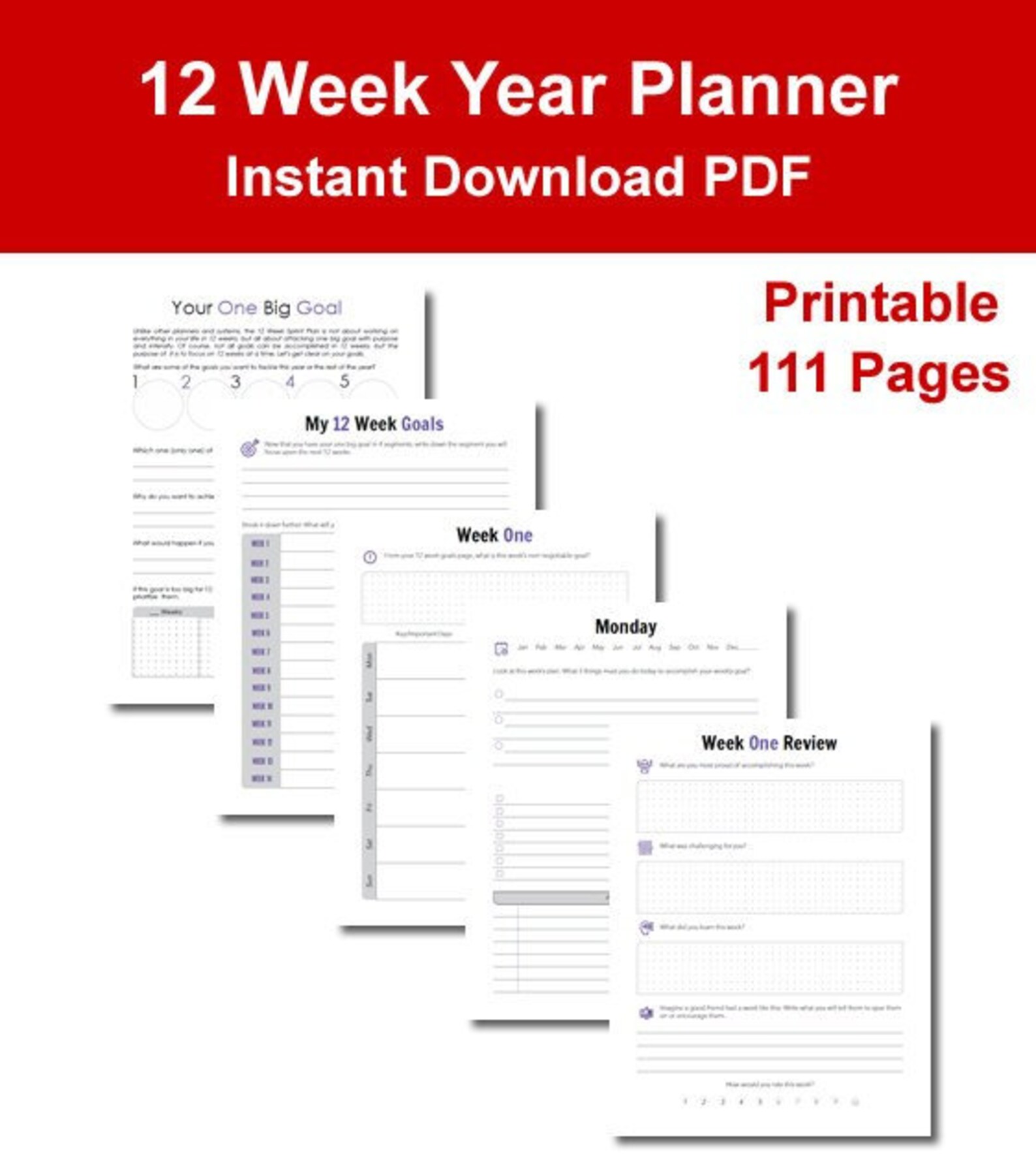 12 week year planner pdf instant download 111 pages etsy