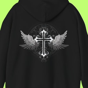 Gothic Winged Cross Unisex Hooded Sweatshirt macabre dark academia sweatshirt unique gift idea black and white alt fashion fleece shirt