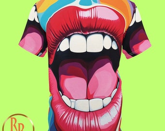 Camiseta de poliéster con estampado integral de boca de arcoíris Pop Art