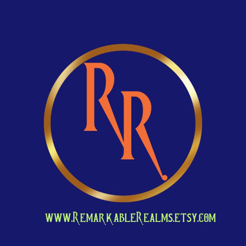 May include: A gold circle with a blue background and the letters "RR" in orange inside. The text "www.remarkablerealms.etsy.com" is below the circle.