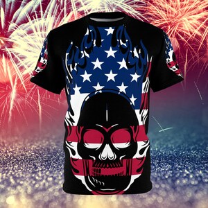American Flag Skull all over print US flag shirt skull tee gift for him gift for her gift for dad  novelty tee graphic military veteran tee