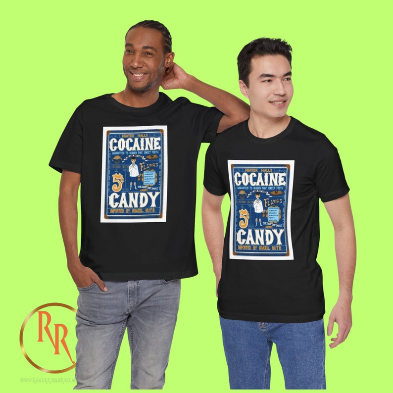 May include: Two black t-shirts featuring a vintage-style graphic of a blue and white sign that reads "Heater Halls Cocaine 5 Candy Imported by Brazil Huta".
