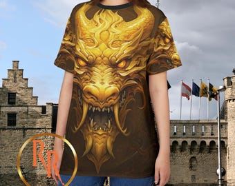 Golden Dragon All Over Print Tee, Mythical Streetwear Shirt