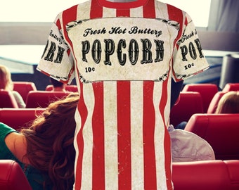 Retro Popcorn Box All Over Print Polyester Tee: Nostalgia Cinema Shirt