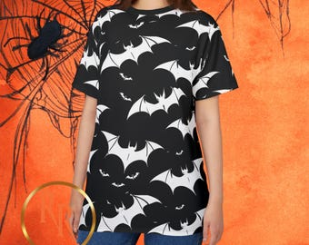 Spooky Bat Print Tee: Gothic Halloween Fashion, Unisex Polyester Top