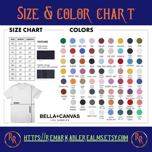 May include: Size and colour chart for t-shirts. The chart shows different sizes, widths, lengths, and textures of t-shirts. It also shows a variety of colours available for the t-shirts, including heather navy, heather rust, heather lapis, and heather mint.