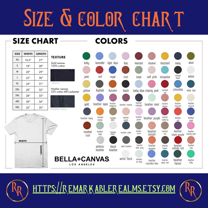 May include: Size and colour chart for t-shirts. The chart shows different sizes, widths, lengths, and textures of t-shirts. It also shows a variety of colours available for the t-shirts, including heather navy, heather rust, heather lapis, and heather mint.
