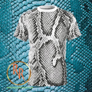 May include: A short-sleeved t-shirt featuring a black and white snakeskin print. The shirt has a white crew neck and a snakeskin pattern that covers the entire shirt. The background is a teal snakeskin pattern.