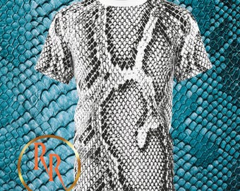 Python Skin Print Polyester Tee - Gray, White, Reptile Lover Gift