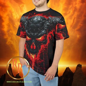 Flaming Demon Skull All Over Print Polyester Tee gothic horror fire skull top grunge metal streetwear unique alt occult gift for him or her