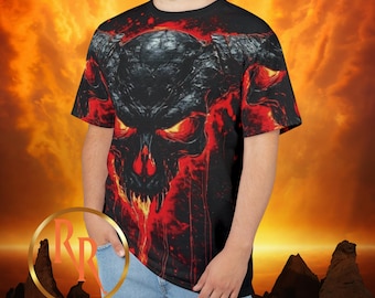Flaming Demon Skull All Over Print Tee, Gothic Horror Streetwear