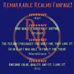 May include: A blue background with white text that reads "Remarkable Realms Fanpage!" and features customer reviews with five stars and positive comments about the quality of the product and shipping.