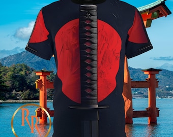Koszulka z nadrukiem Samurai Sword All Over Print z japońskim wojownikiem, koszulka unisex z poliestru