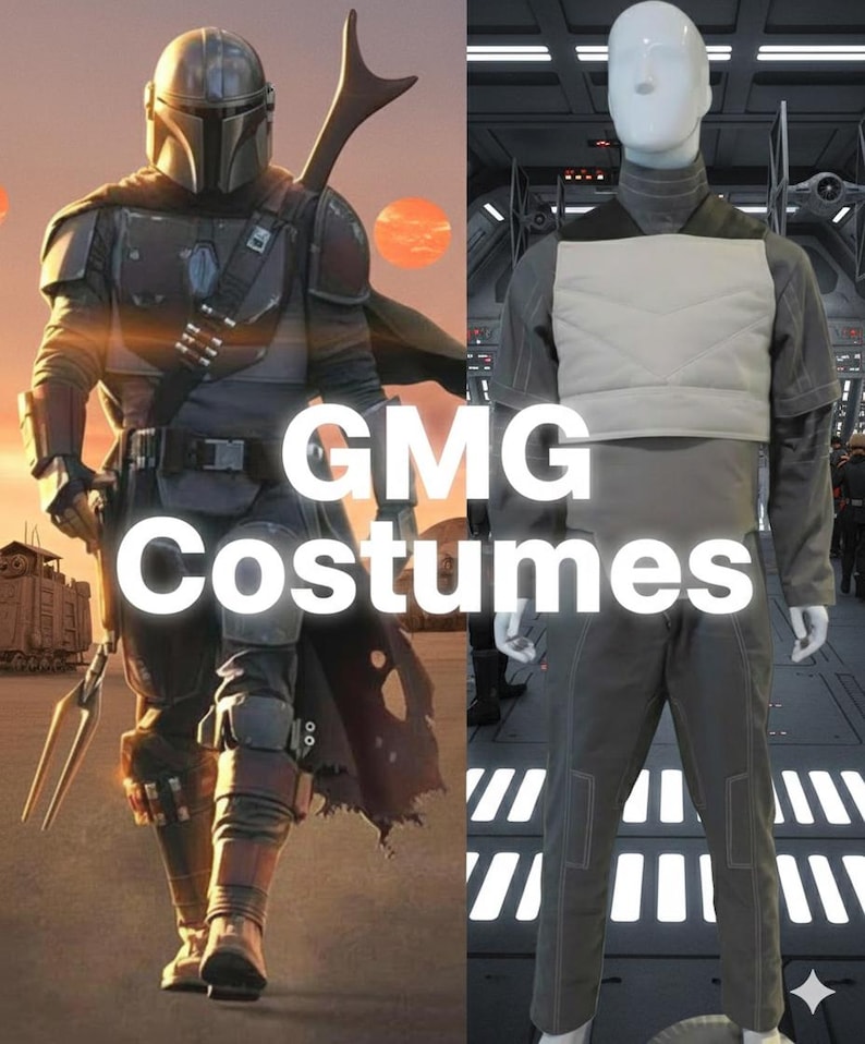 Puede incluir: Se muestran dos disfraces. A la izquierda, un detallado disfraz de Mandaloriano con casco, armadura y capa. A la derecha, un uniforme gris con un chaleco blanco sobre un maniqu&iacute;. El texto "GMG Costumes" est&aacute; superpuesto.