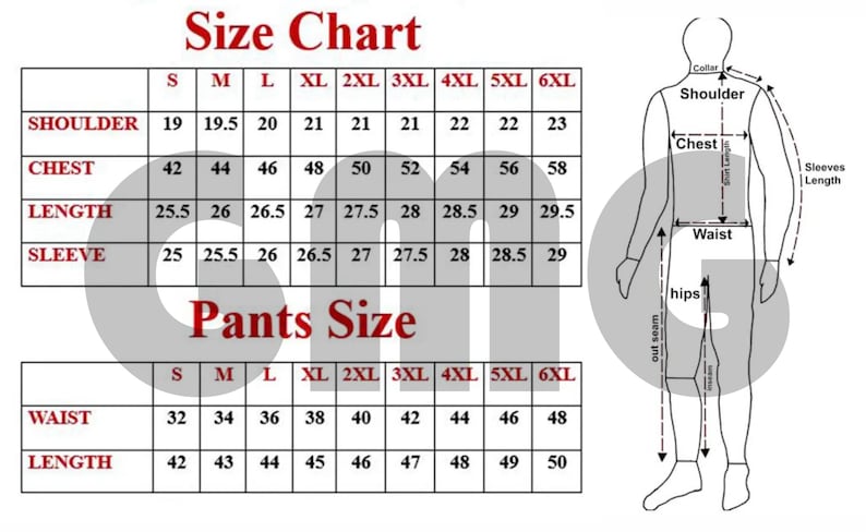 May include: Size chart for clothing measurements, including shoulder, chest, length, and sleeve sizes, in inches. Also includes pants waist and length measurements. A diagram illustrates where to measure.