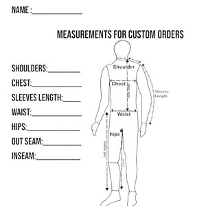 Puede incluir: Un diagrama en blanco y negro para medidas de pedidos personalizados. El diagrama incluye una figura humana con &aacute;reas etiquetadas para hombros, pecho, largo de mangas, cintura, caderas, costura exterior y entrepierna. El texto "MEASUREMENTS FOR CUSTOM ORDERS" est&aacute; en la parte superior.