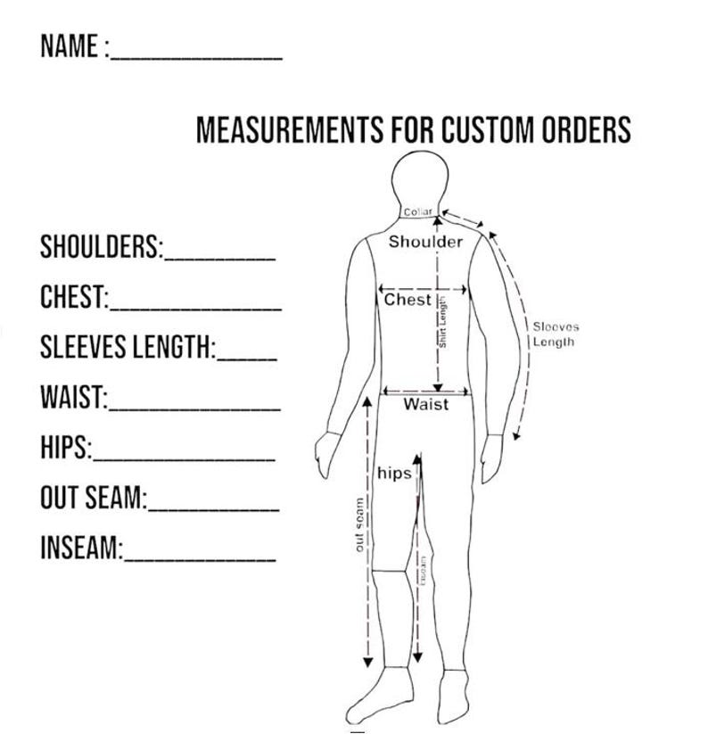Puede incluir: Un diagrama en blanco y negro para medidas de pedidos personalizados. El diagrama incluye una figura humana con &aacute;reas etiquetadas para hombros, pecho, largo de mangas, cintura, caderas, costura exterior y entrepierna. El texto "MEASUREMENTS FOR CUSTOM ORDERS" est&aacute; en la parte superior.