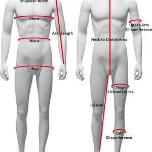 Op de afbeelding: Een diagram dat lichaamsmaten op een mannequin illustreert. Rode lijnen en labels geven gebieden aan voor het meten van schouderbreedte, borst, taille, heupen, armlengte, bovenarmomtrek, kruis tot nek, binnenbeenlengte, dijbeenomtrek en kuitomtrek.