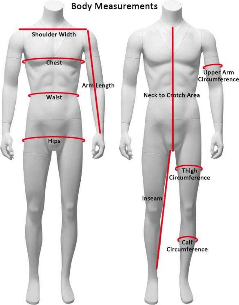 Op de afbeelding: Een diagram dat lichaamsmaten op een mannequin illustreert. Rode lijnen en labels geven gebieden aan voor het meten van schouderbreedte, borst, taille, heupen, armlengte, bovenarmomtrek, kruis tot nek, binnenbeenlengte, dijbeenomtrek en kuitomtrek.