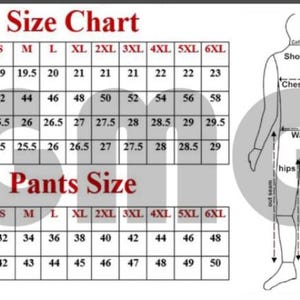 May include: Size chart for clothing, including shoulder, chest, length, and sleeve measurements in inches. Also includes pants size measurements for waist and length. A diagram illustrates where to measure.