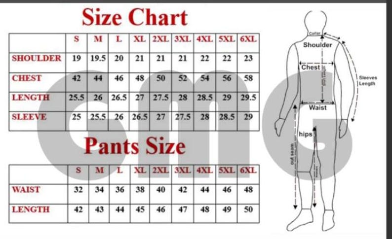 May include: Size chart for clothing, including shoulder, chest, length, and sleeve measurements in inches. Also includes pants size measurements for waist and length. A diagram illustrates where to measure.