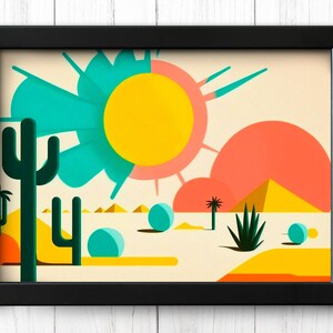 May include: A framed illustration of a desert landscape with a large yellow sun, a blue and green sky, and two cacti in the foreground. The desert is depicted in shades of yellow, orange, and brown.