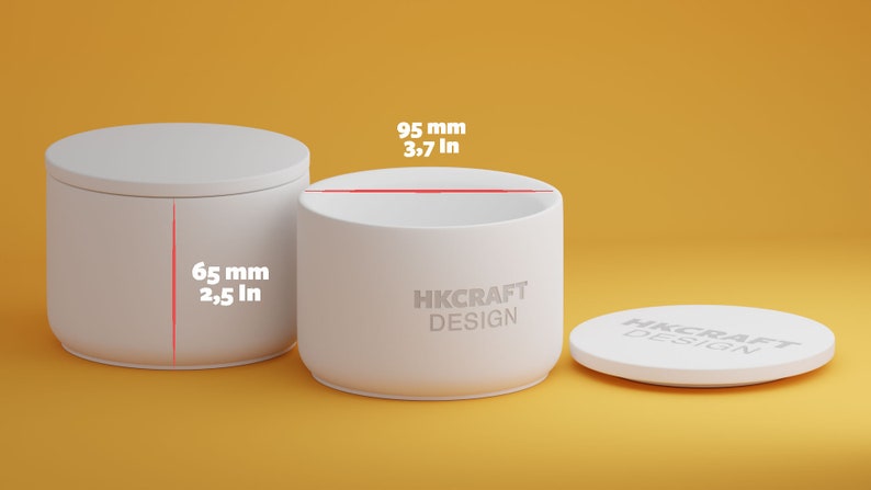 May include: White cylindrical container with a lid, labeled "HKCRAFT DESIGN". The container is 3.7 inches tall and 2.5 inches wide.