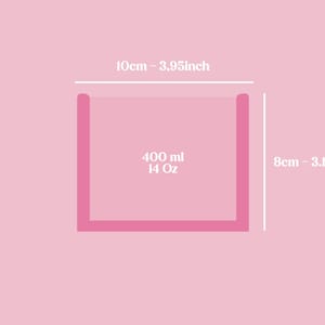 May include: A pink rectangular container with a capacity of 400 ml or 14 ounces. The container measures 10 cm or 3.95 inches in width and 8 cm or 3.14 inches in height.
