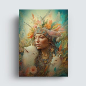 May include: A woman adorned with a floral crown and elaborate jewellery is surrounded by lush greenery and two white animals. The woman has a serene expression and is looking to the side. The image is painted in a realistic style with soft, muted colours.