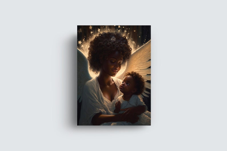 May include: A painting of a woman with dark brown skin and curly hair, wearing a white gown and angel wings, holding a child with dark brown skin. The woman is looking down at the child with a loving expression. The child is looking up at the woman with a curious expression. The background is a soft, golden glow.