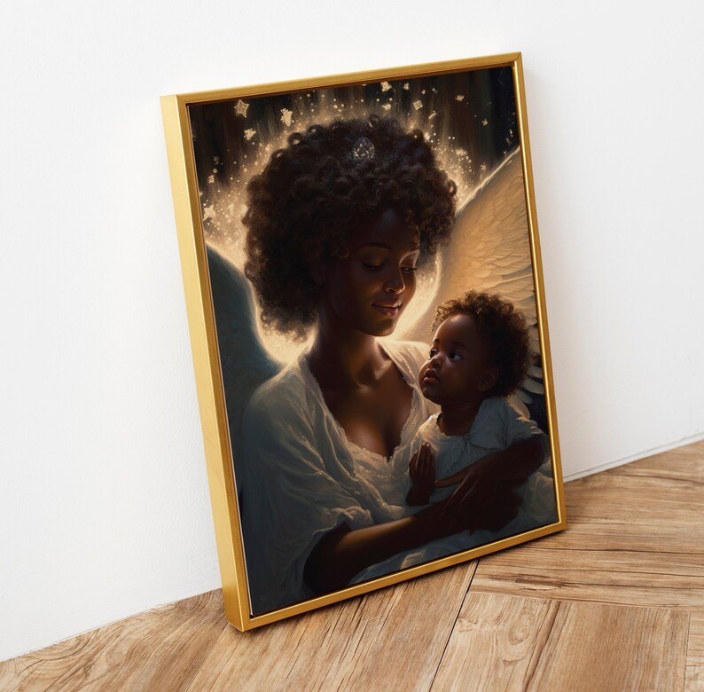 May include: A painting of a Black woman with angel wings holding a young Black child. The woman is wearing a white gown and has a halo of light around her head. The child is looking up at the woman with a smile. The background is a dark blue with stars.
