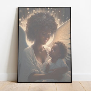 May include: A painting of a woman with wings holding a child. The woman has dark skin and curly hair. The child has dark skin and is looking up at the woman. The background is a soft, glowing light.