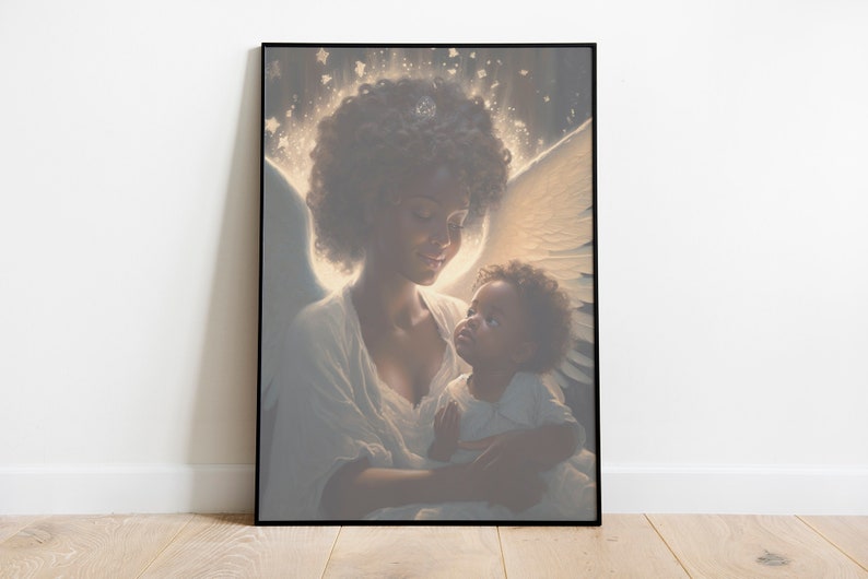May include: A painting of a woman with wings holding a child. The woman has dark skin and curly hair. The child has dark skin and is looking up at the woman. The background is a soft, glowing light.