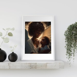 May include: A painting of a woman with angel wings holding a child. The woman and child are both Black and have dark skin. The woman is wearing a white dress and the child is wearing a white shirt. The painting is set against a dark background with a soft glow around the figures.