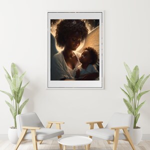 May include: A painting of a Black woman with angel wings holding a baby. The woman is wearing a white robe and the baby is wearing a blue shirt. The painting is set against a background of light and sparkles.